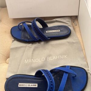 Manolo Blahnik Cobalt Blue Double-Strap Flat Sandals